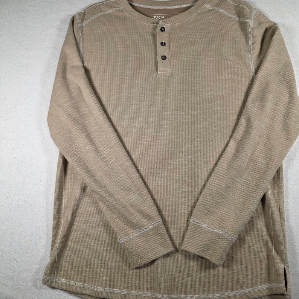BKE Mens Tan Slub Knit Long Sleeve Henley Shirt BK00045M Khaki Large